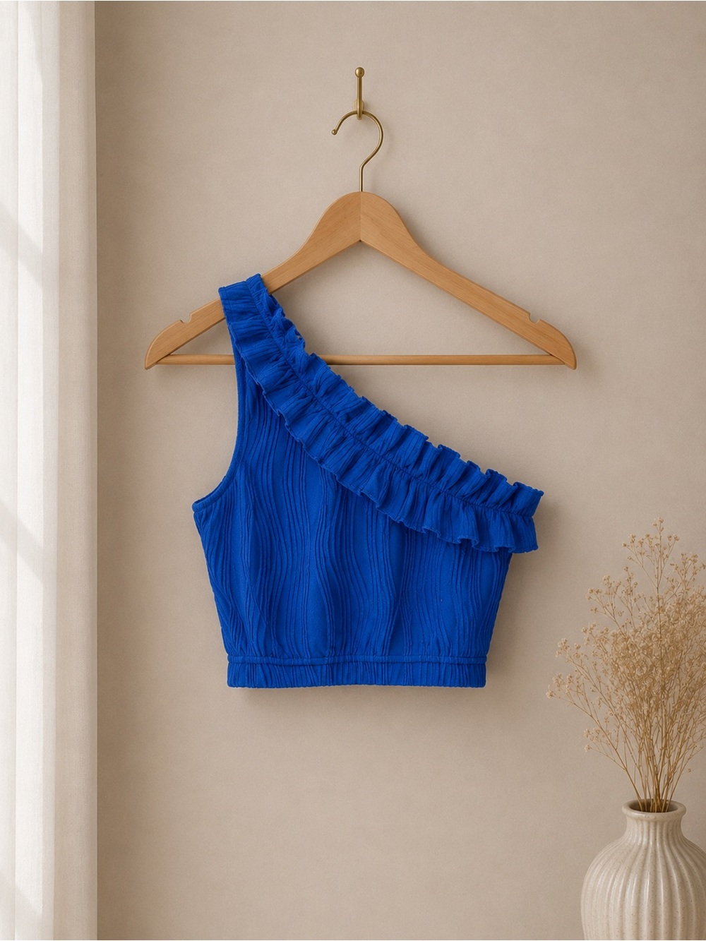 SHEIN Royal Blue One-Shoulder Ruffle Crop Top